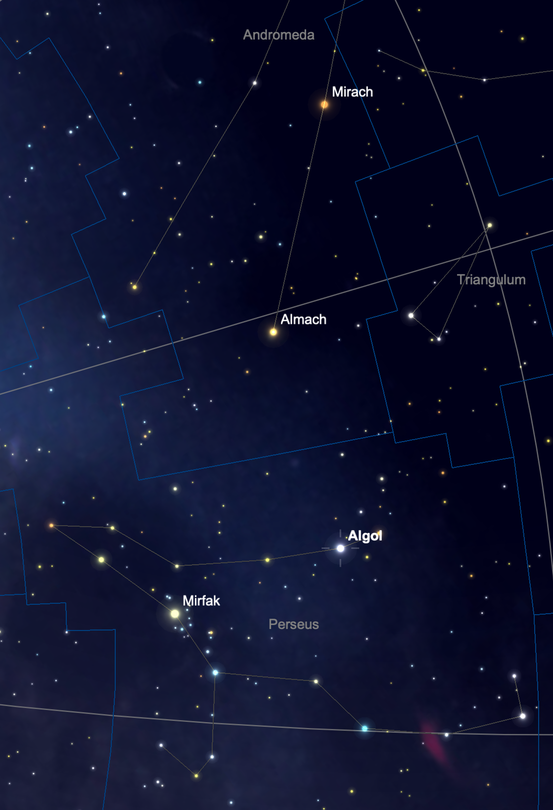 SkySafari map showing Algol, Almach, and Mirach.