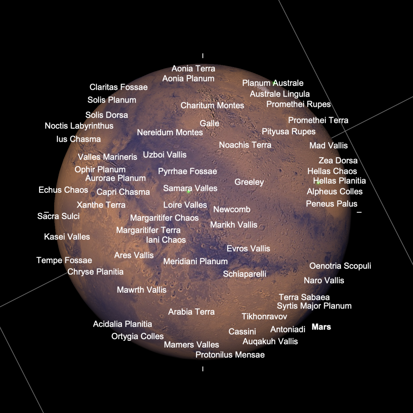 SkySafari map of Mars surface features.
